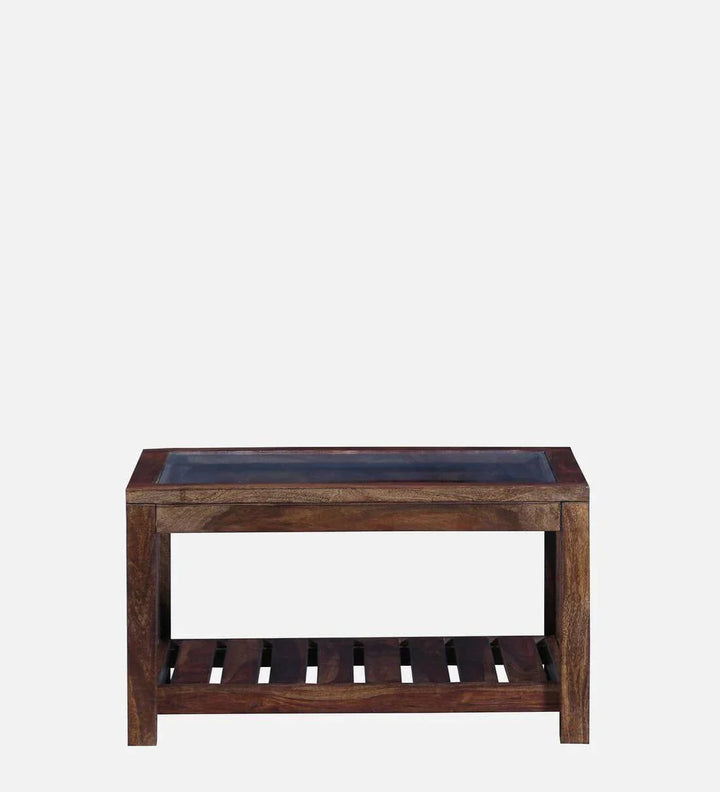 Stigen Sheesham Wood Coffee Table In Provincial Teak Finish With Glass Top