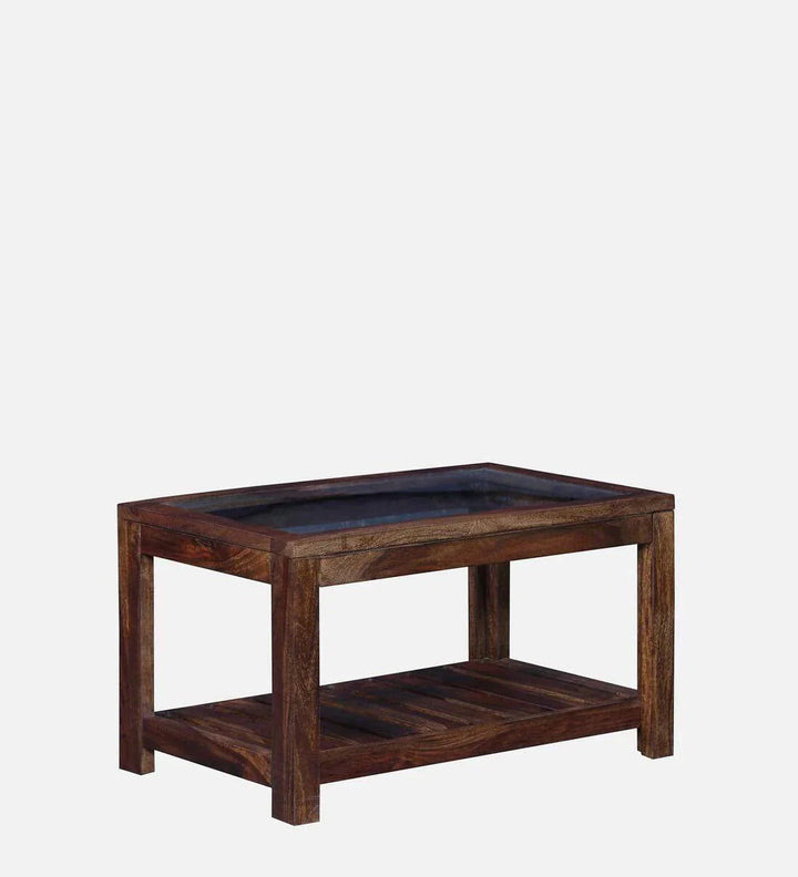 Stigen Sheesham Wood Coffee Table In Provincial Teak Finish With Glass Top