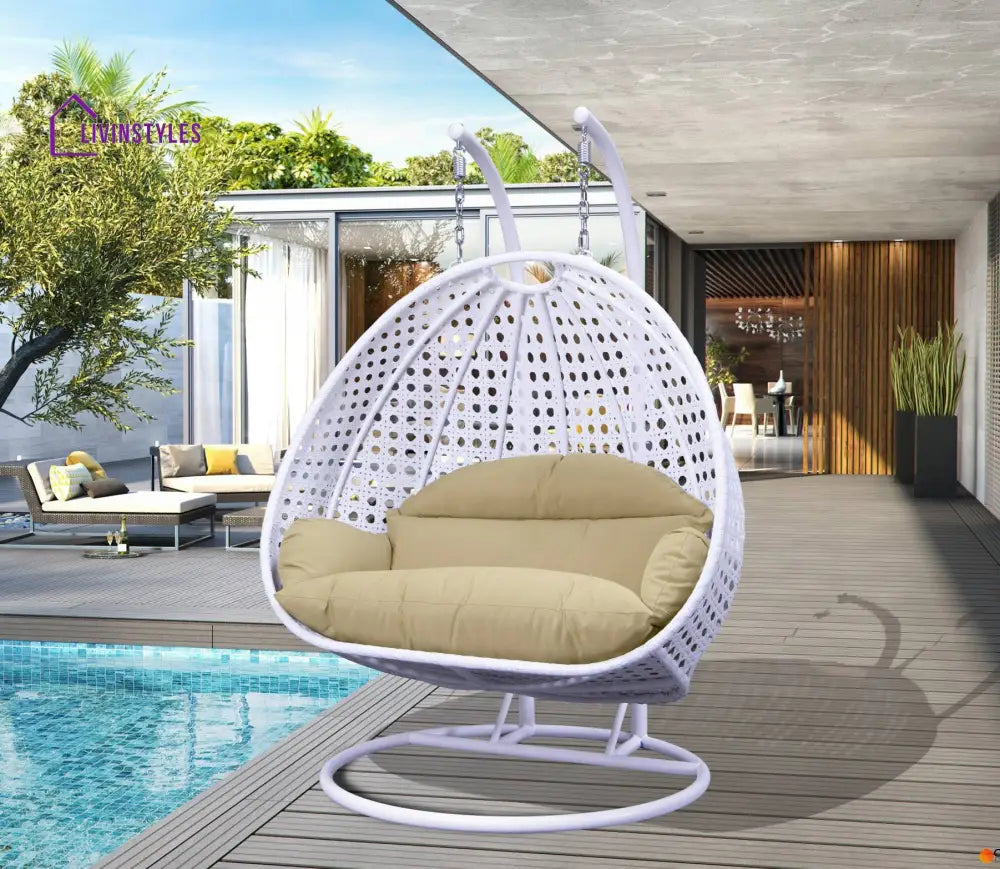 Strinati Double Seater Hanging Swing With Stand For Balcony Garden Swing (White) - Beige - Swings