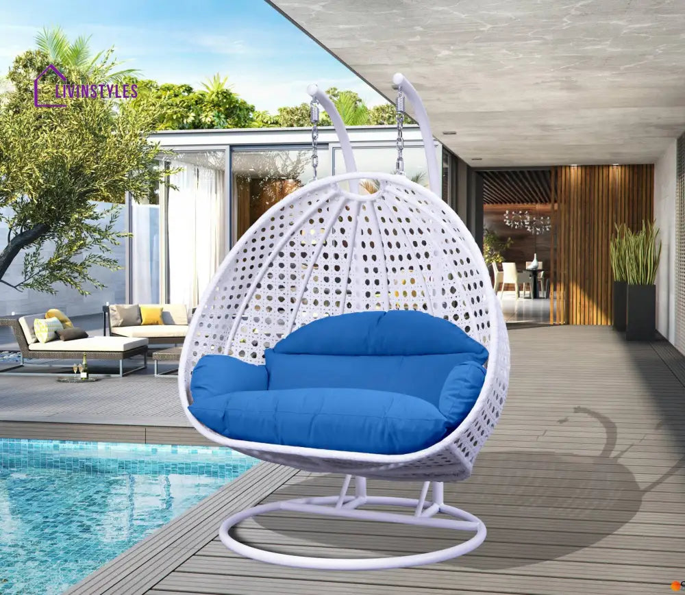 Strinati Double Seater Hanging Swing With Stand For Balcony Garden Swing (White) - Blue - Swings