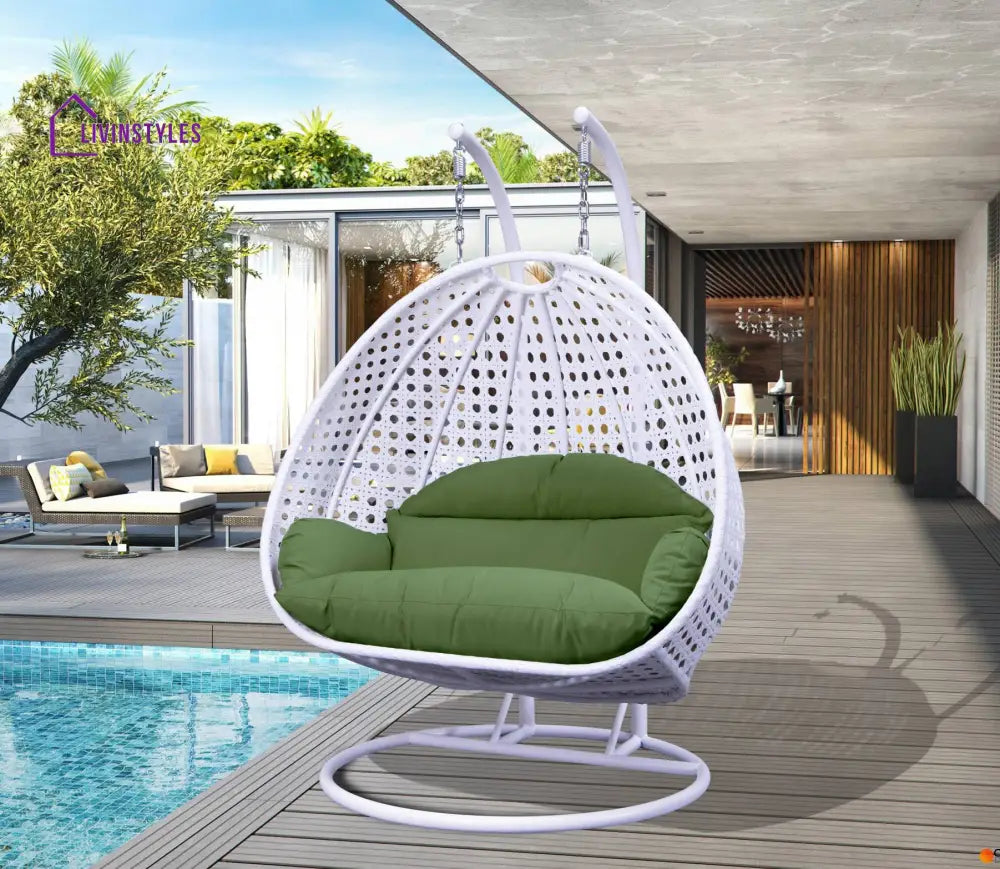 Strinati Double Seater Hanging Swing With Stand For Balcony Garden Swing (White) - Dark Green - Swings