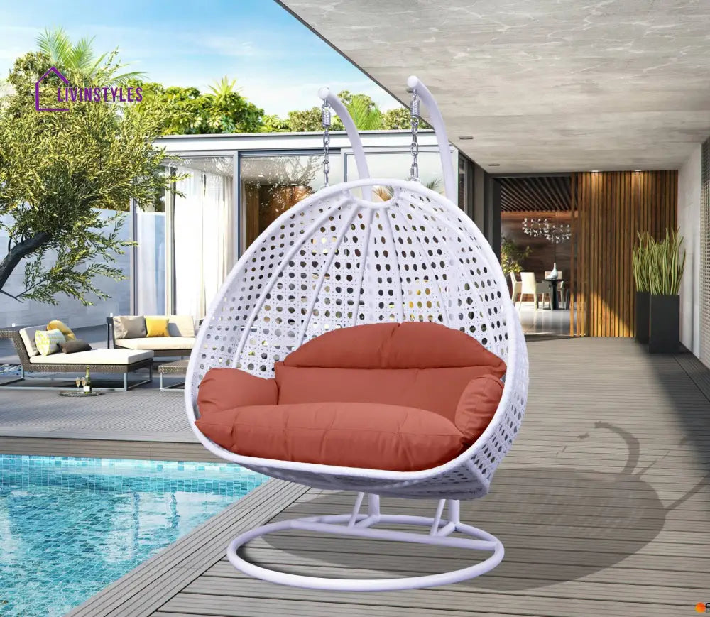 Strinati Double Seater Hanging Swing With Stand For Balcony Garden Swing (White) - Dark Orange - Swings
