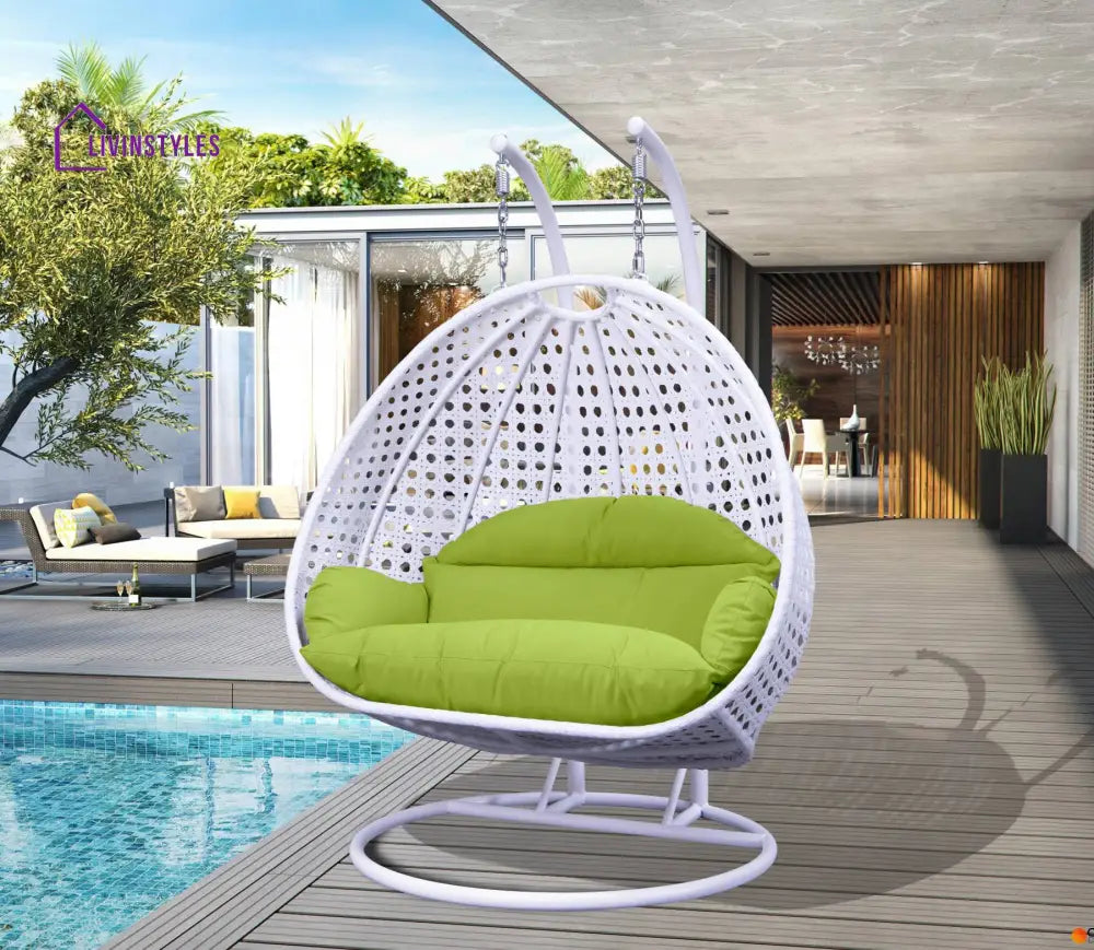 Strinati Double Seater Hanging Swing With Stand For Balcony Garden Swing (White) - Light Green - Swings