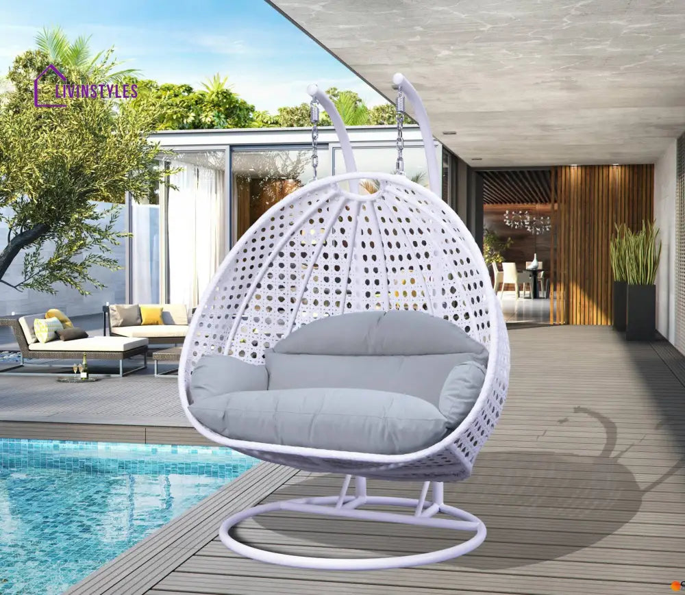 Strinati Double Seater Hanging Swing With Stand For Balcony Garden Swing (White) - Light Grey - Swings