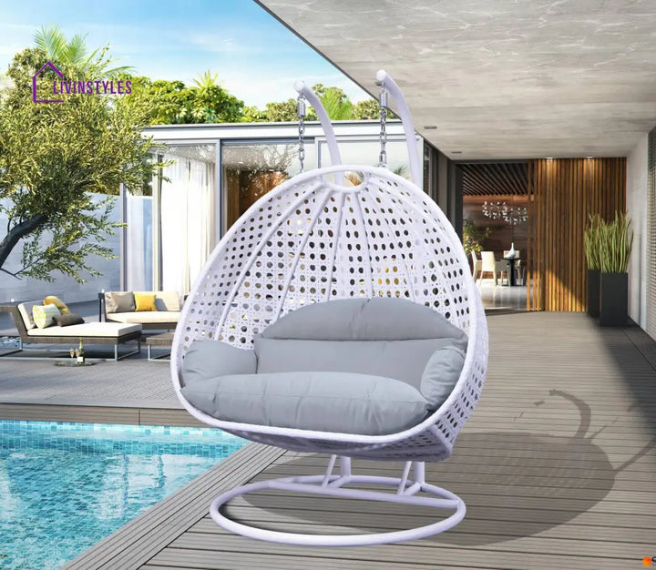Strinati Double Seater Hanging Swing With Stand For Balcony Garden Swing (White) - Light Grey - Swings
