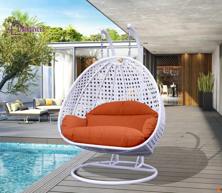 Strinati Double Seater Hanging Swing With Stand For Balcony Garden Swing (White) - Orange - Swings