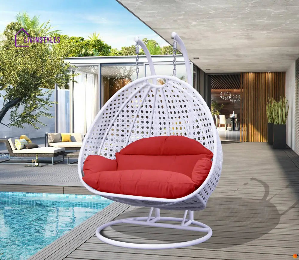 Strinati Double Seater Hanging Swing With Stand For Balcony Garden Swing (White) - Red - Swings