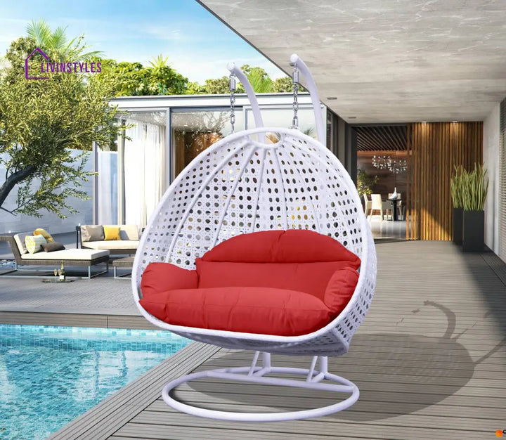 Strinati Double Seater Hanging Swing With Stand For Balcony Garden Swing (White) - Red - Swings