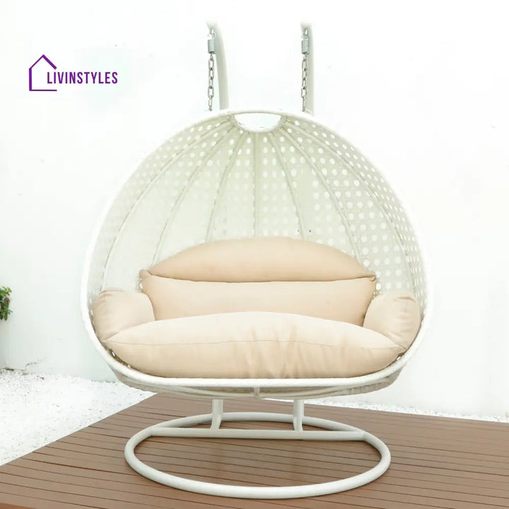 Strinati Double Seater Hanging Swing With Stand For Balcony Garden Swing (White) - Swings