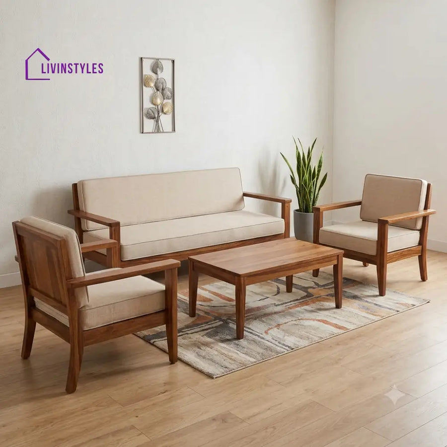 Subashini Wooden Sofa Set | 3 + 1 + 1 Sheesham Wood Sofa Set for Living Room