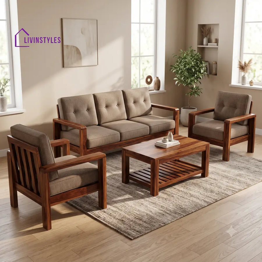 Sudha Wooden Sofa Set | 3 + 1 + 1 Sheesham Wood Sofa Set for Living Room