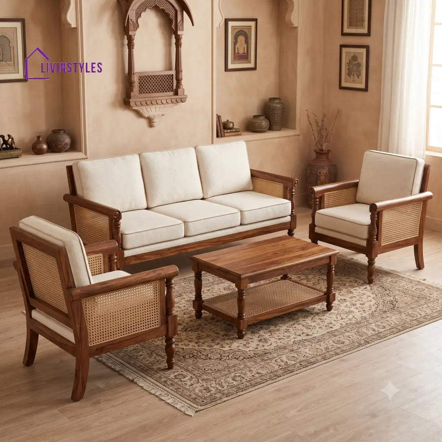 Suhasini Wooden Sofa Set | 3 + 1 + 1 Sheesham Wood Sofa Set for Living Room