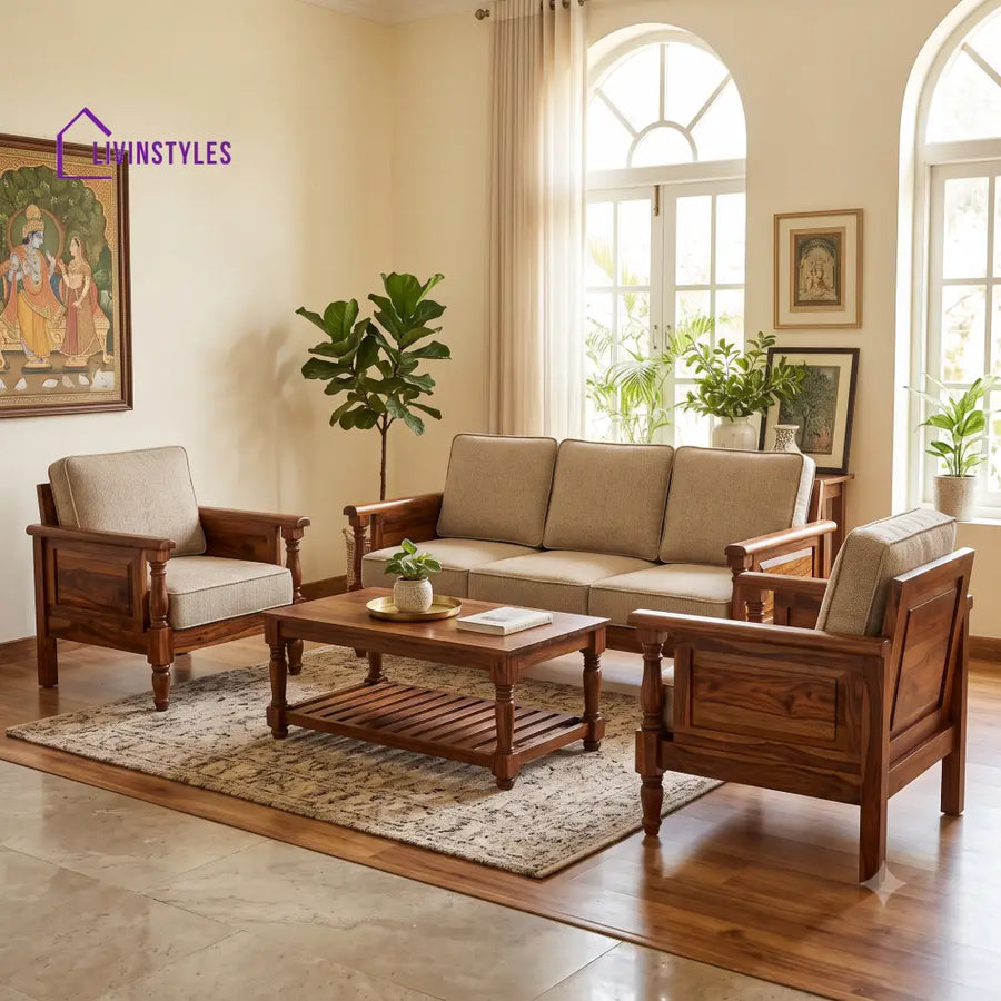 Sujatha Wooden Sofa Set | 3 + 1 + 1 Sheesham Wood Sofa Set for Living Room