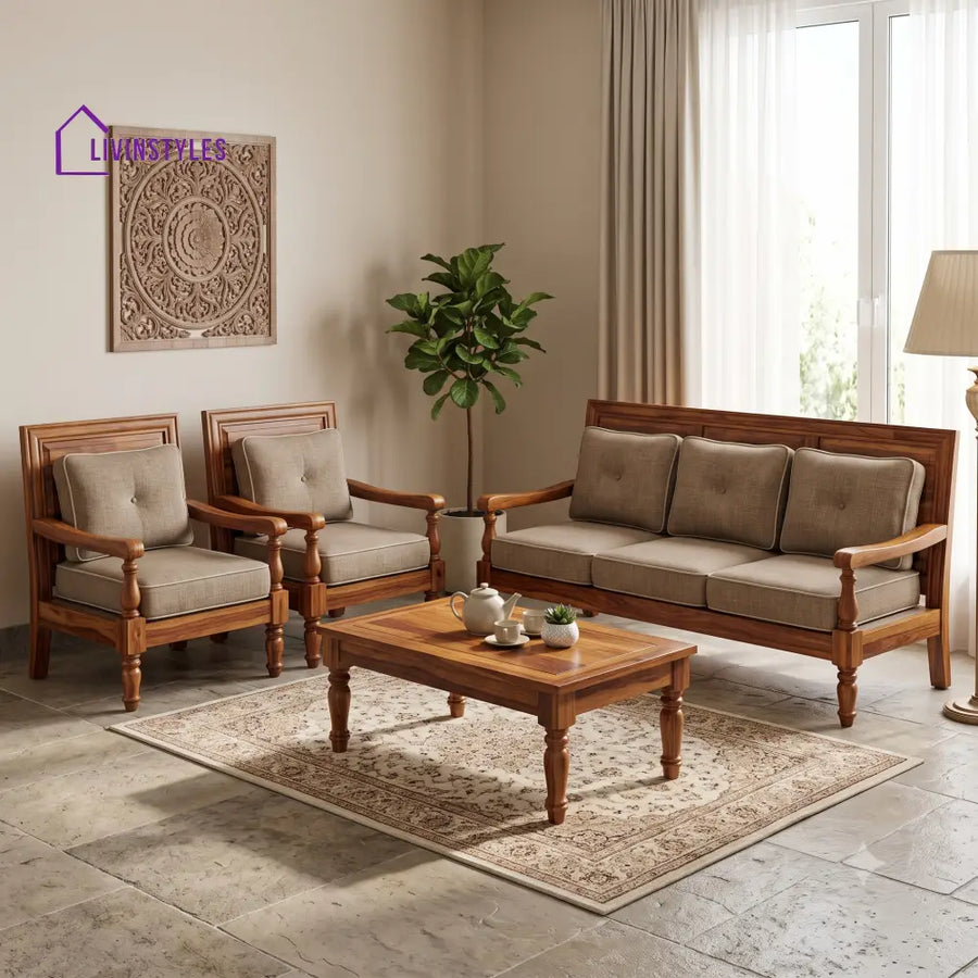 Sumathi Wooden Sofa Set | 3 + 1 + 1 Sheesham Wood Sofa Set for Living Room