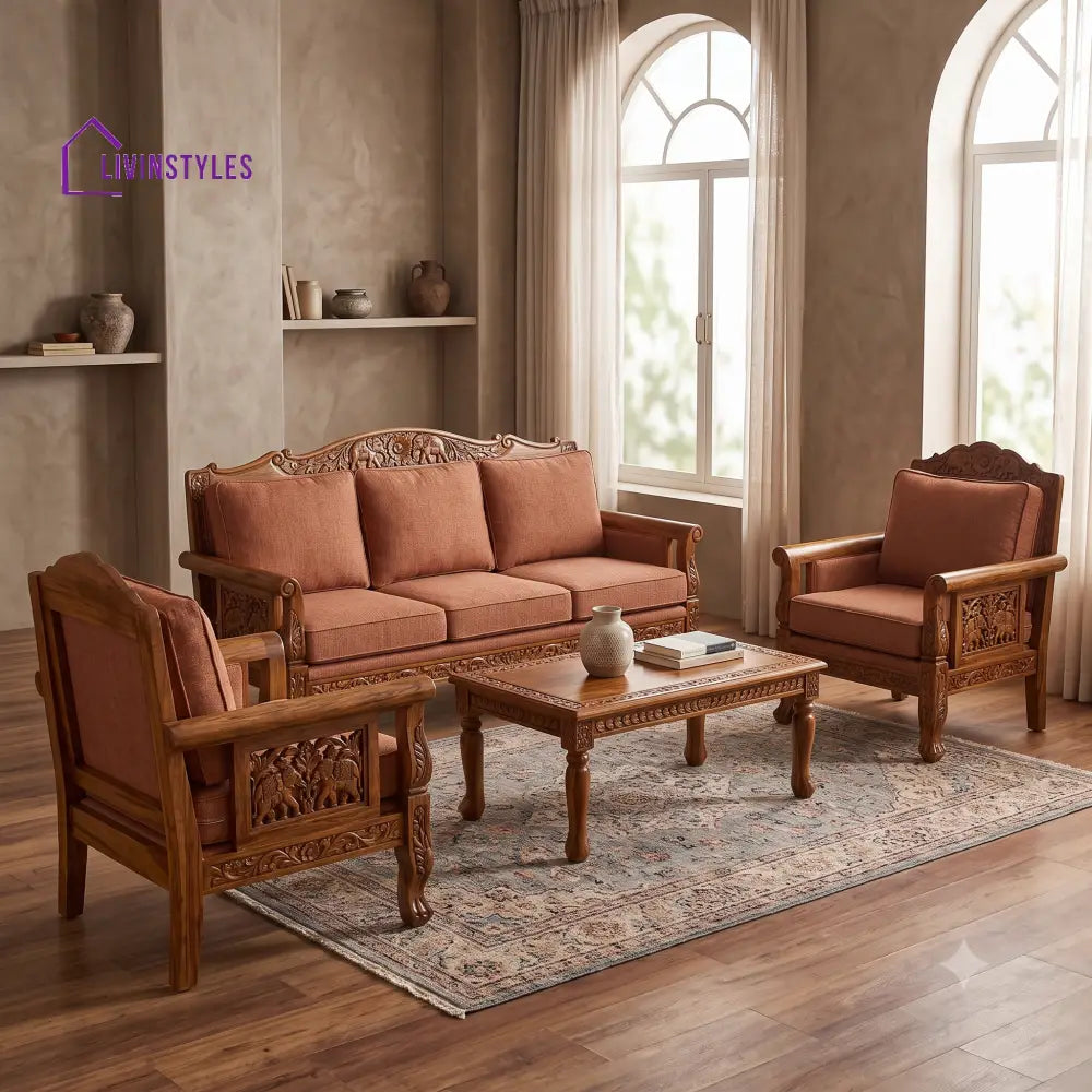 Sunaina Wooden Sofa Set | 3 + 1 + 1 Sheesham Wood Sofa Set for Living Room