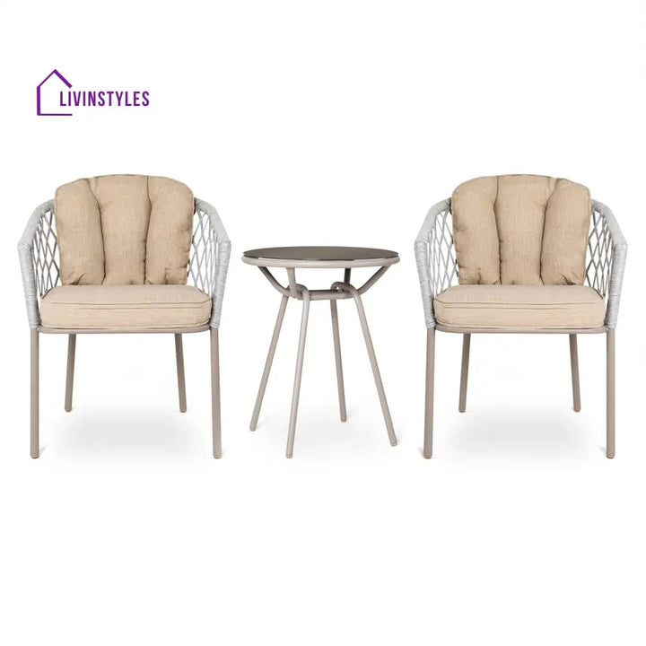Surfer Outdoor Patio Seating Set 2 Chairs and 1 Table Set (Silver + Beige) Braided & Rope - Coffee Table Sets