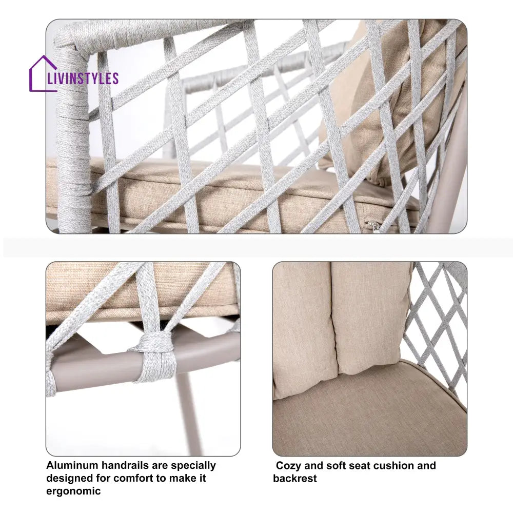Surfer Outdoor Patio Seating Set 2 Chairs and 1 Table Set (Silver + Beige) Braided & Rope - Coffee Table Sets