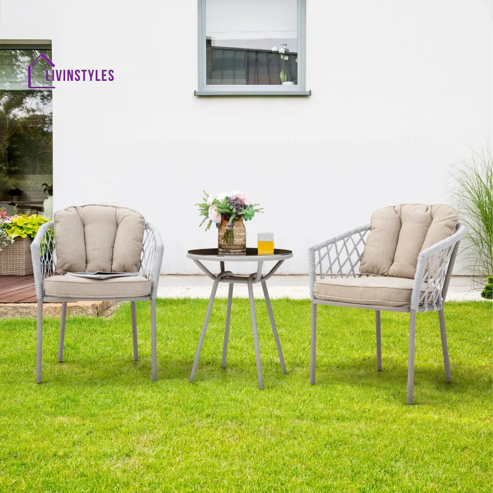 Surfer Outdoor Patio Seating Set 2 Chairs and 1 Table Set (Silver + Beige) Braided & Rope - Coffee Table Sets