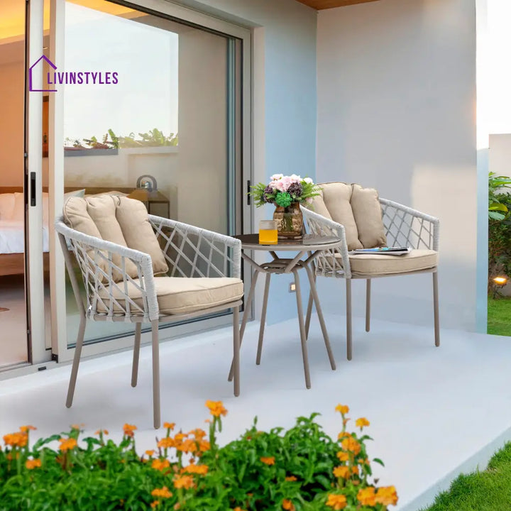 Surfer Outdoor Patio Seating Set 2 Chairs and 1 Table Set (Silver + Beige) Braided & Rope - Coffee Table Sets