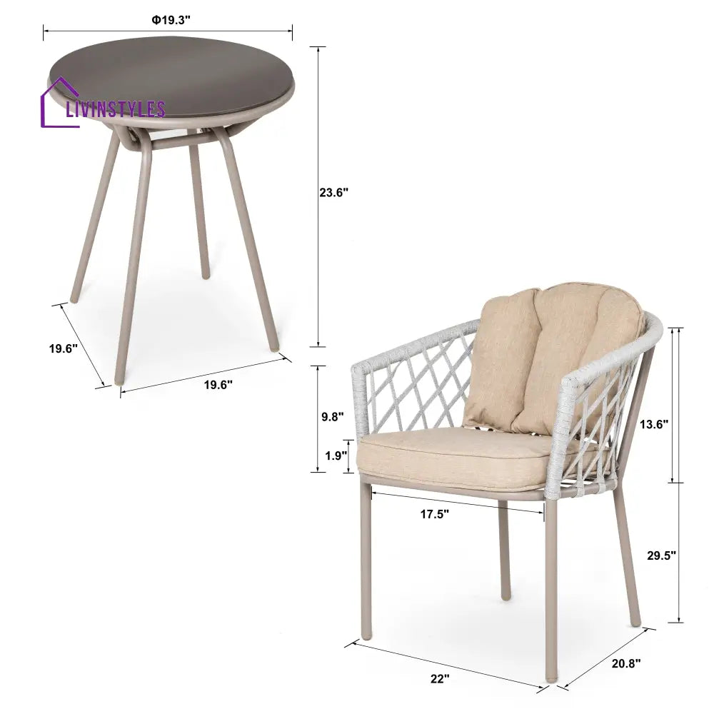 Surfer Outdoor Patio Seating Set 2 Chairs and 1 Table Set (Silver + Beige) Braided & Rope - Coffee Table Sets