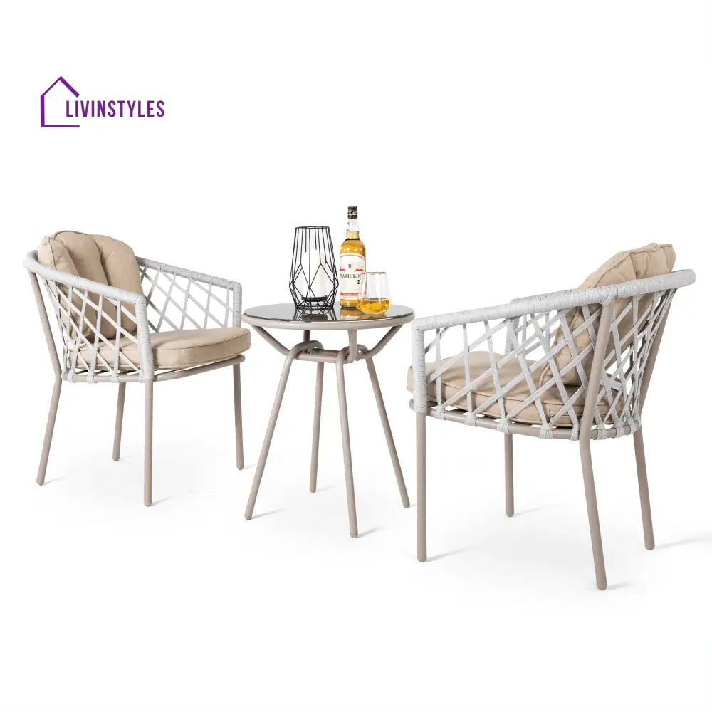 Surfer Outdoor Patio Seating Set 2 Chairs and 1 Table Set (Silver + Beige) Braided & Rope - Coffee Table Sets