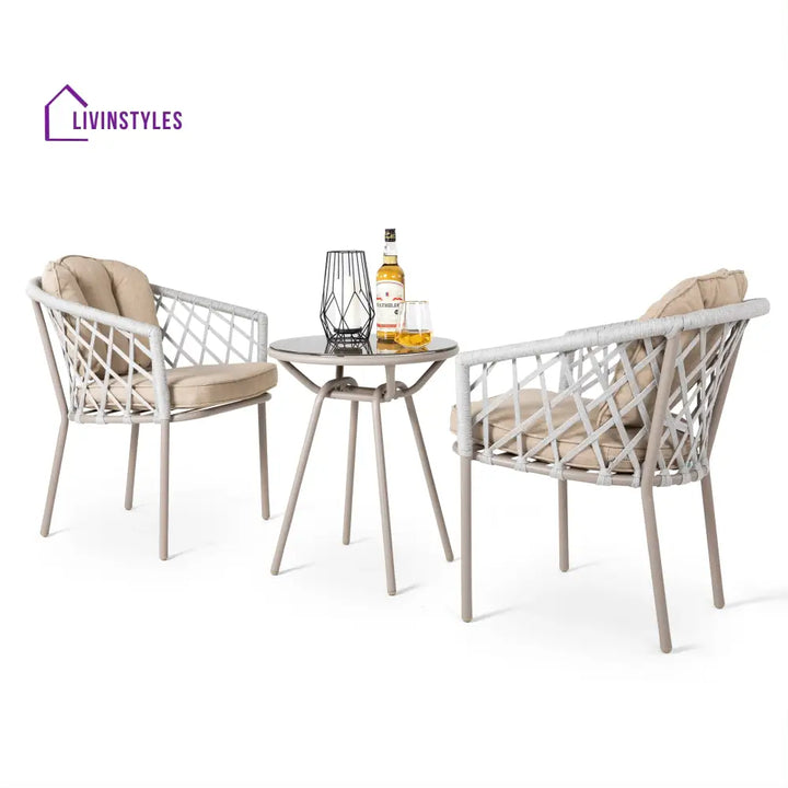 Surfer Outdoor Patio Seating Set 2 Chairs and 1 Table Set (Silver + Beige) Braided & Rope - Coffee Table Sets