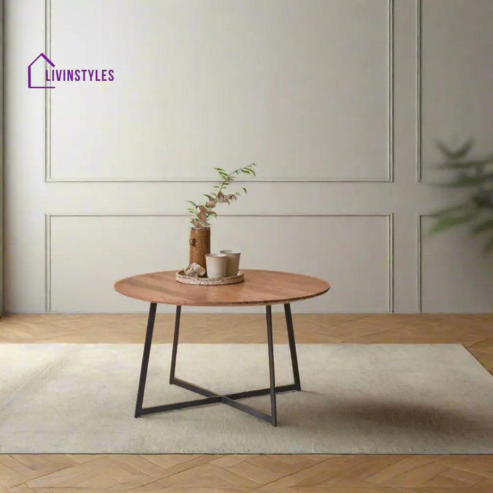 Surya Round Coffee Table – Sheesham Wood Top Iron Base Coffee Table