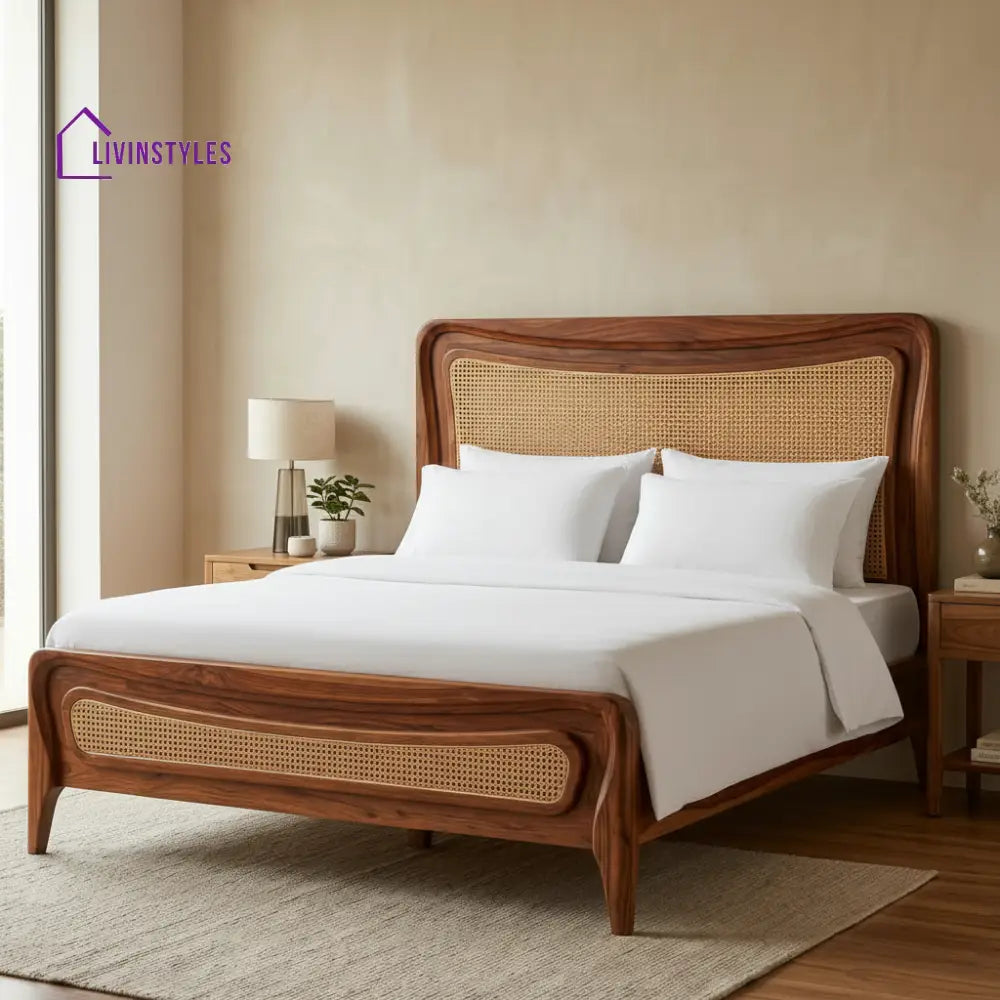 Surya Wooden Bed with Cane Weaving Headboard Design | Bed without Storage