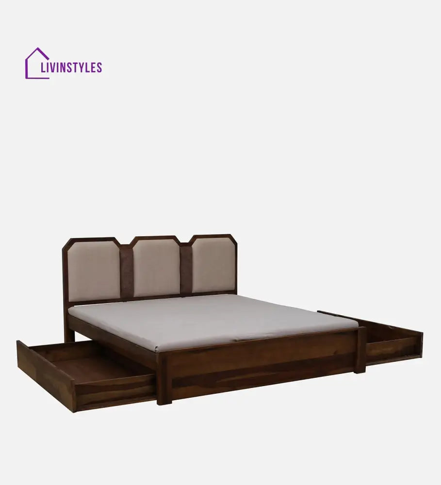 Suryakumar Sheesham Queen Size Bed In Teak Finish With Drawer Storage