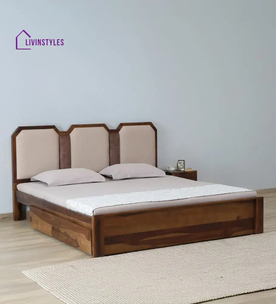 Suryakumar Sheesham Queen Size Bed In Teak Finish With Drawer Storage