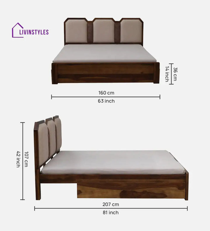 Suryakumar Sheesham Queen Size Bed In Teak Finish With Drawer Storage
