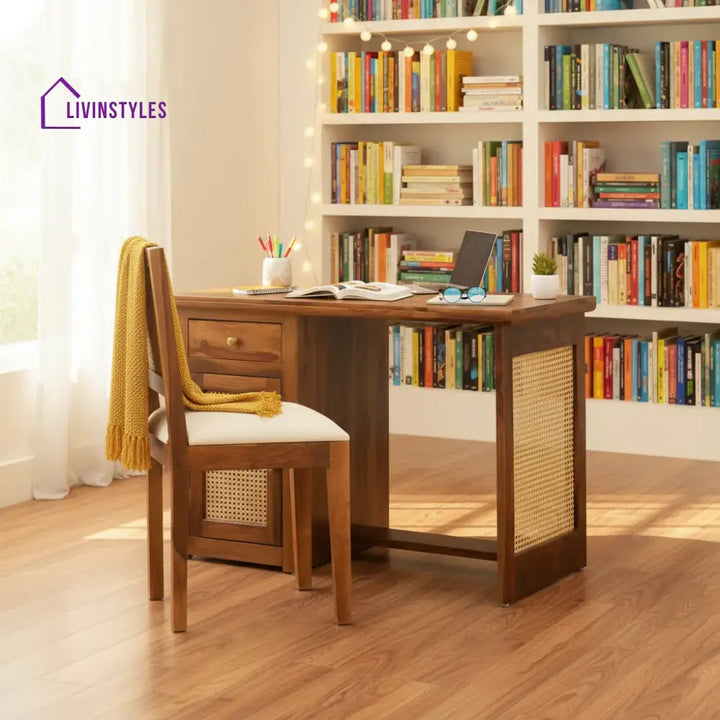 Susana Rattan Solid Wood Cane Study Table With Chair Study Table