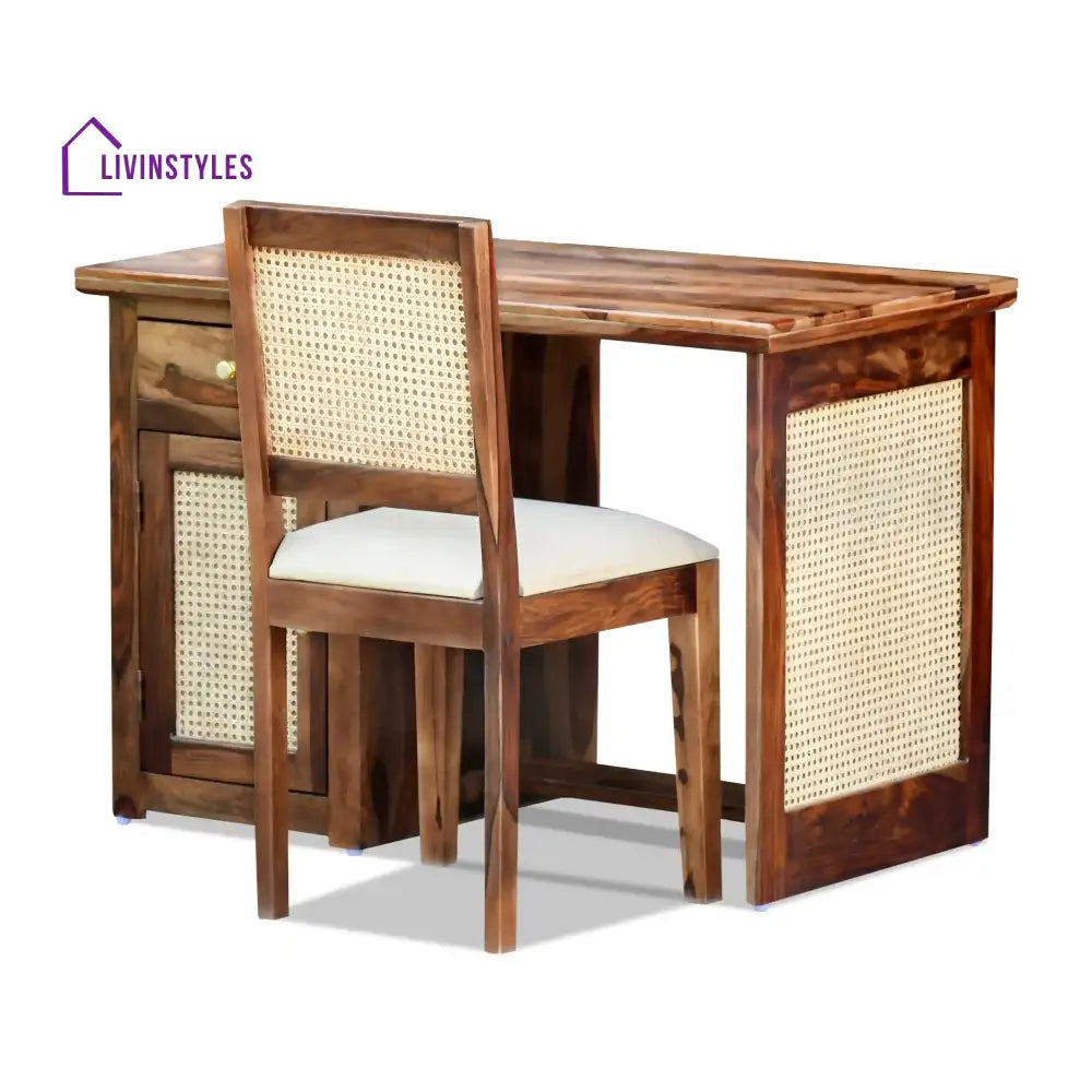 Susana Rattan Solid Wood Cane Study Table With Chair Study Table