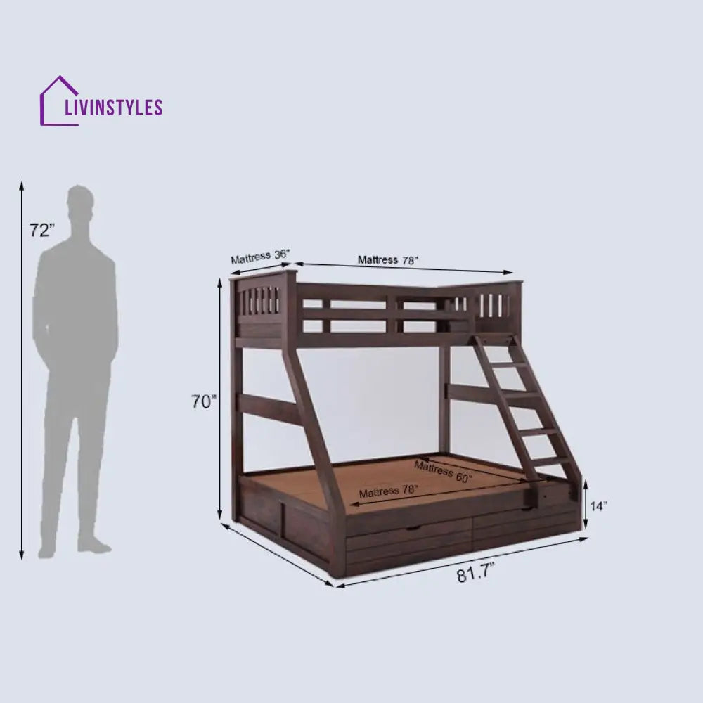 Susana Solid Sheesham Bunk Bed With Drawer Storage Bunk Bed
