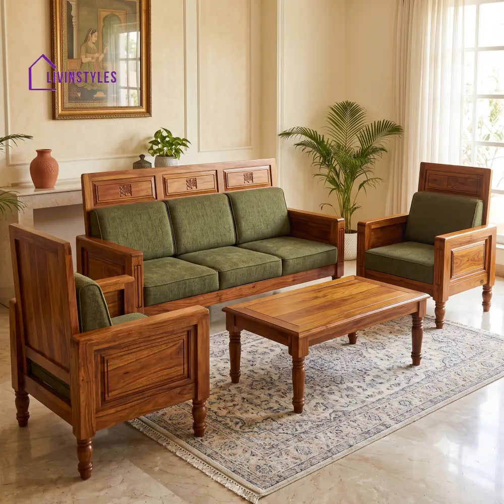 Sushmitha Wooden Sofa Set | 3 + 1 + 1 Sheesham Wood Sofa Set for Living Room