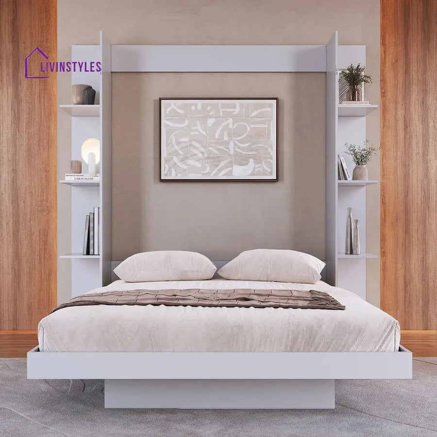 Sveta White Finish Wall Mounted Bed with Shelves