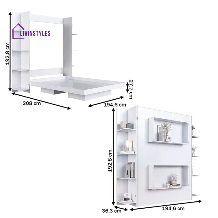 Sveta White Finish Wall Mounted Bed with Shelves