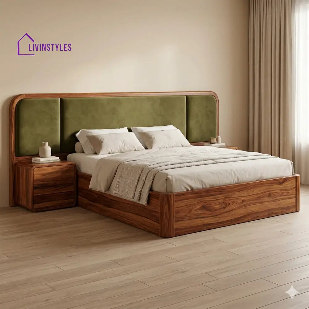 Svetlana Premium Sheesham Wood Bed with Velvet Headboard