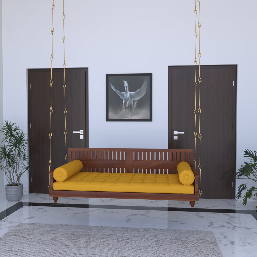Avni Elegant Wooden Swing with Slatted Backrest and Plush Yellow Cushion – Indoor Jhula for Modern Homes