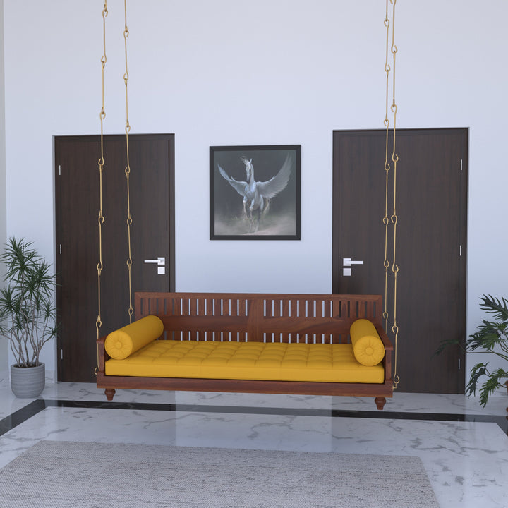 Avni Elegant Wooden Swing with Slatted Backrest and Plush Yellow Cushion – Indoor Jhula for Modern Homes