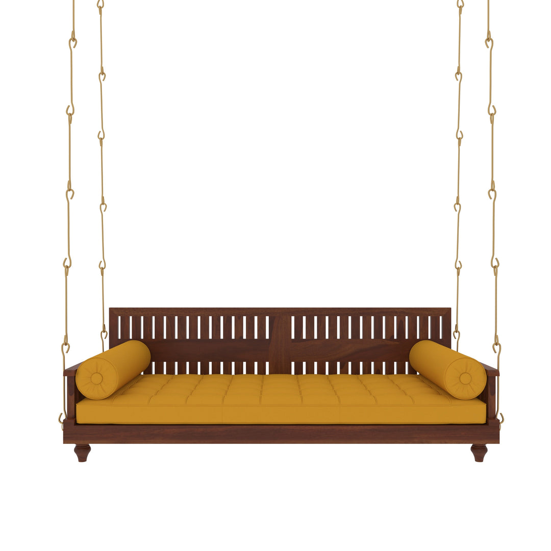 Avni Elegant Wooden Swing with Slatted Backrest and Plush Yellow Cushion – Indoor Jhula for Modern Homes