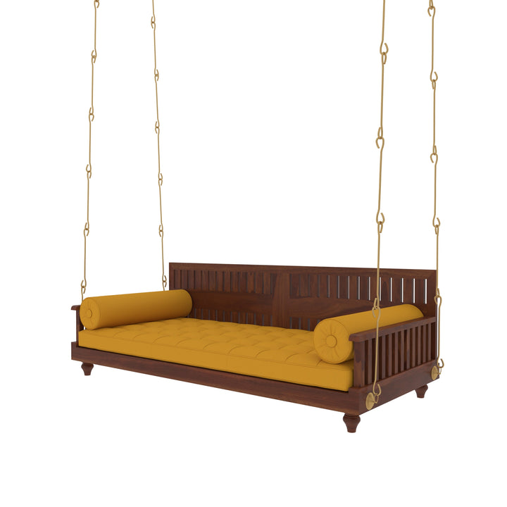 Avni Elegant Wooden Swing with Slatted Backrest and Plush Yellow Cushion – Indoor Jhula for Modern Homes