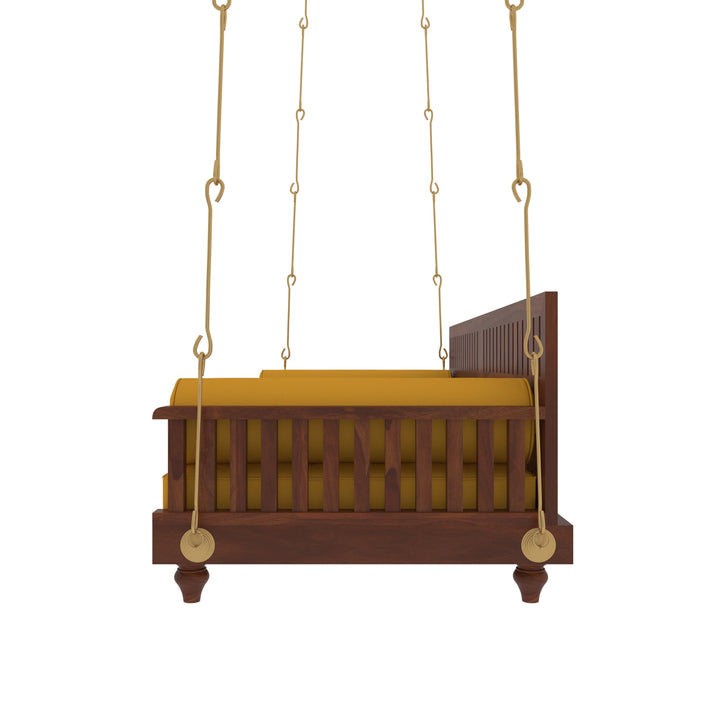 Avni Elegant Wooden Swing with Slatted Backrest and Plush Yellow Cushion – Indoor Jhula for Modern Homes