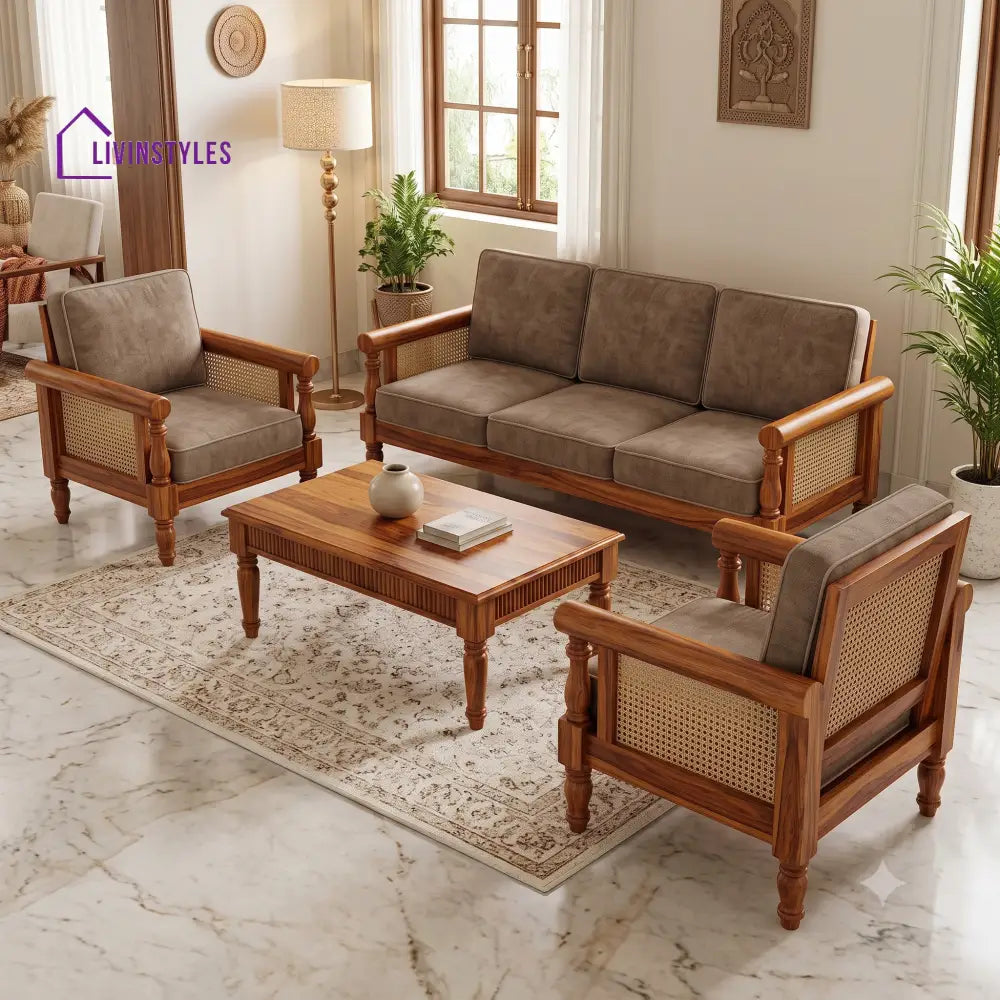 Swarna Wooden Sofa Set | 3 + 1 + 1 Sheesham Wood Sofa Set for Living Room
