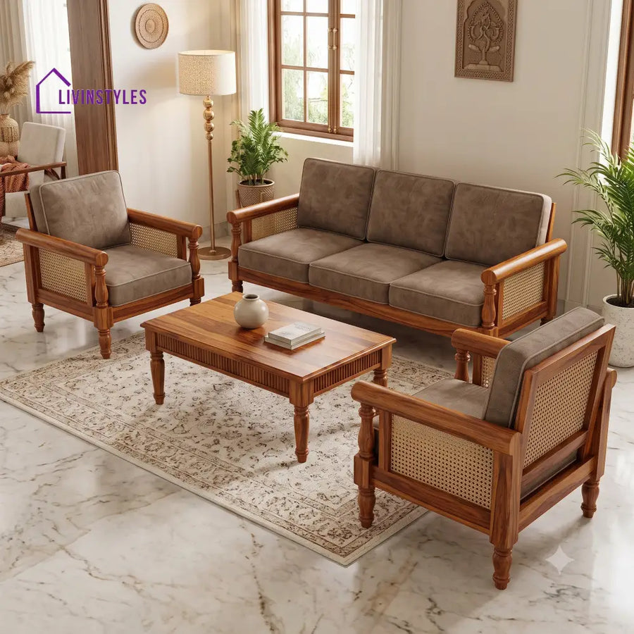 Swarna Wooden Sofa Set | 3 + 1 + 1 Sheesham Wood Sofa Set for Living Room