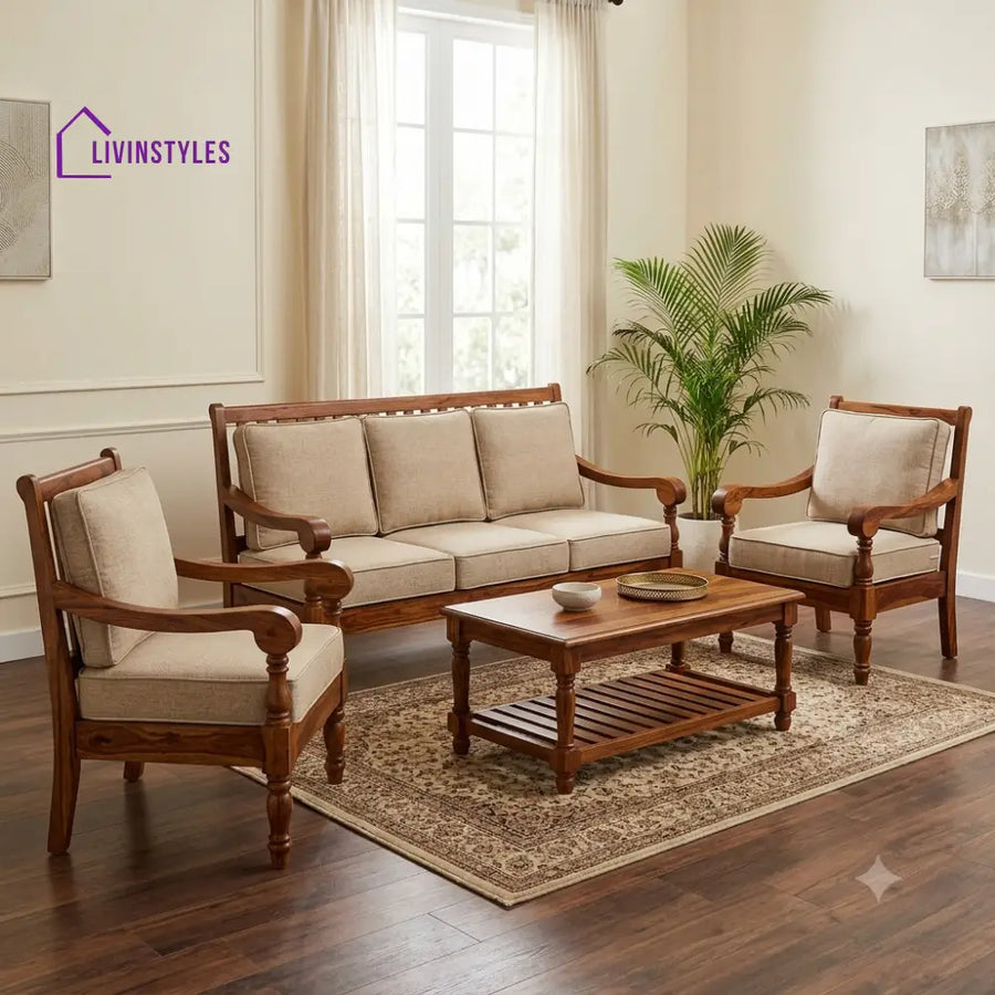 Swathi Wooden Sofa Set | 3 + 1 + 1 Sheesham Wood Sofa Set for Living Room
