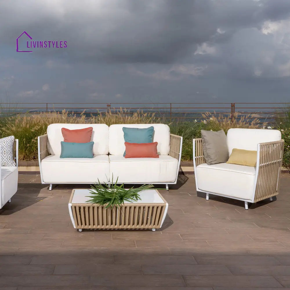 Swoop Outdoor Garden Balcony Sofa Set 2 Seater 2 Single seater and 1 Table Set (Beige + White) - Sofa Sets