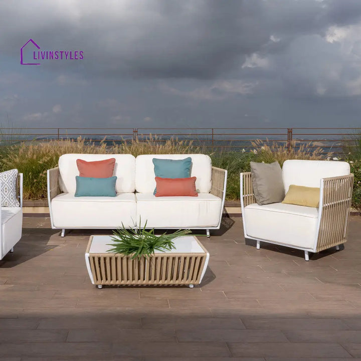 Swoop Outdoor Garden Balcony Sofa Set 2 Seater 2 Single seater and 1 Table Set (Beige + White) - Sofa Sets