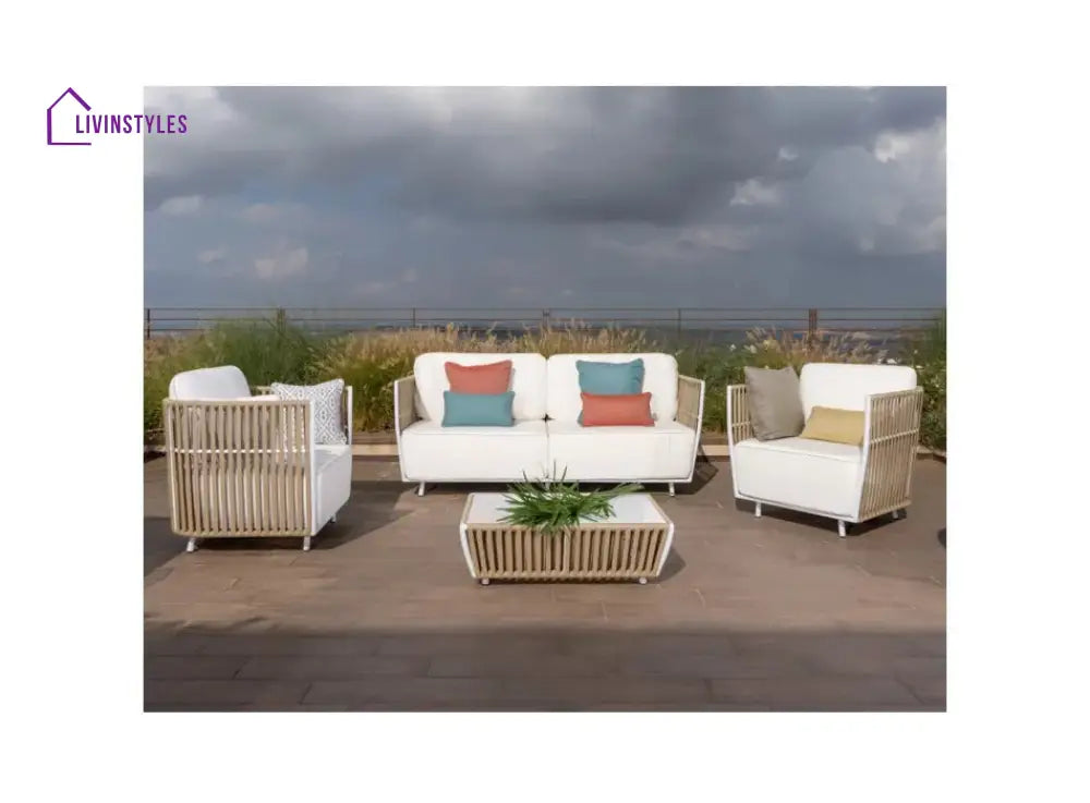 Swoop Outdoor Garden Balcony Sofa Set 2 Seater 2 Single seater and 1 Table Set (Beige + White) - Sofa Sets