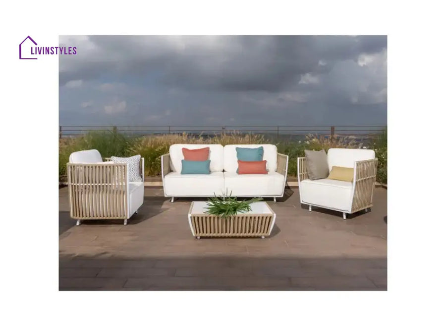 Swoop Outdoor Garden Balcony Sofa Set 2 Seater 2 Single seater and 1 Table Set (Beige + White) - Sofa Sets